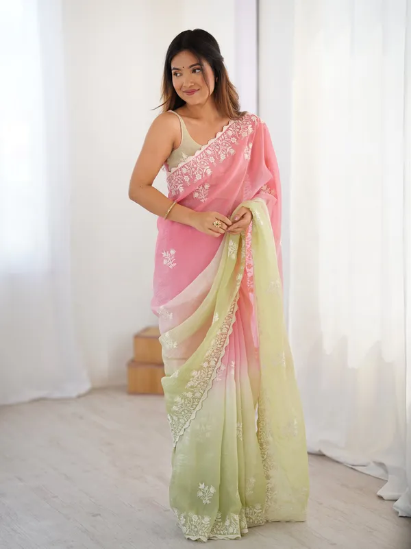 Pink_&_Green_Trendy_Crunchy_Pedding_With_Heavy_Cotton_Thread_Embroidery_Work_Saree