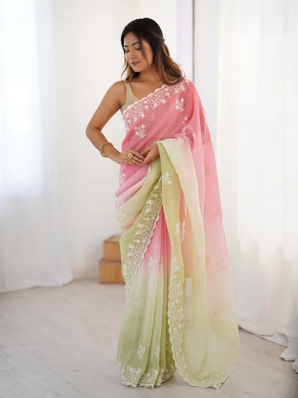 Pink_&_Green_Trendy_Crunchy_Pedding_With_Heavy_Cotton_Thread_Embroidery_Work_Saree