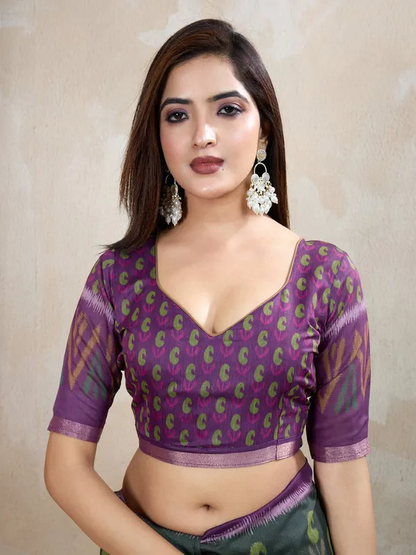 Dark_Green_&_Purple_Ikat_Printed_Chanderi_Saree_For_Women