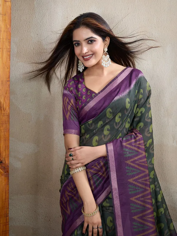 Dark_Green_&_Purple_Ikat_Printed_Chanderi_Saree_For_Women
