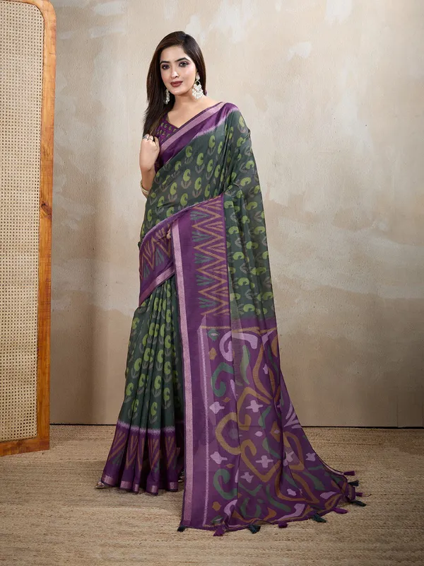 Dark_Green_&_Purple_Ikat_Printed_Chanderi_Saree_For_Women