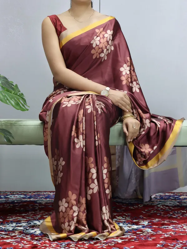 Maroon_Elegant_Designs_Heavy_Satin_Sarees_With_Plain_Blouse_For_Women