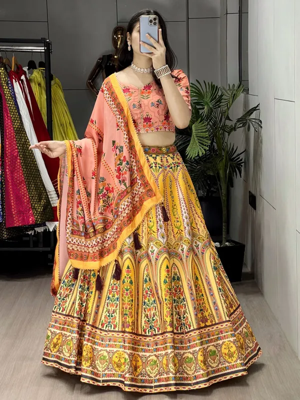 Peach_&_Yellow_Wedding_Floral_Lehenga_Collection_For_Women