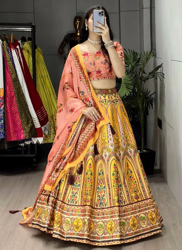 Peach_&_Yellow_Wedding_Floral_Lehenga_Collection_For_Women