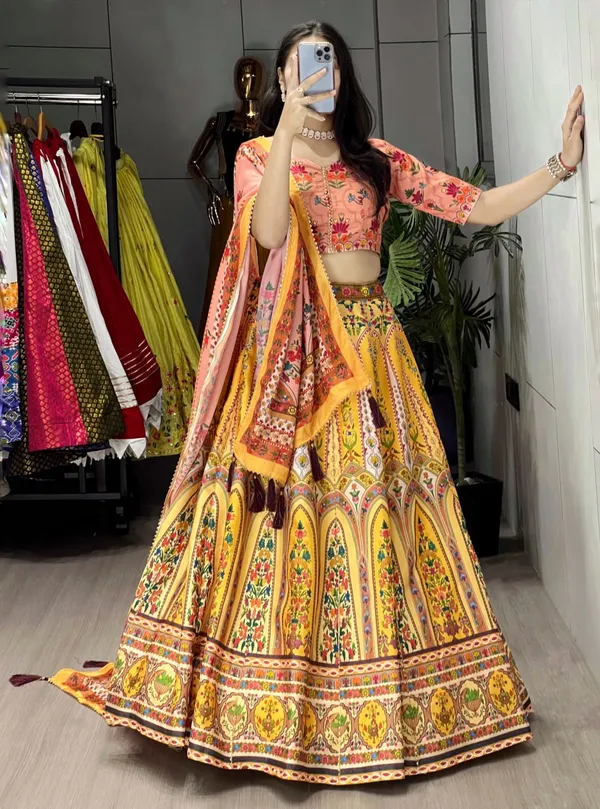 Peach_&_Yellow_Wedding_Floral_Lehenga_Collection_For_Women