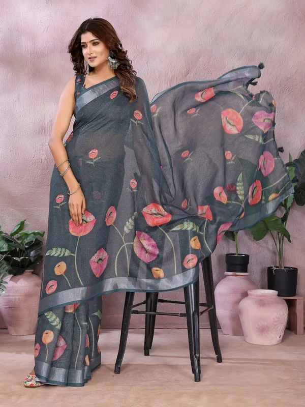 Grey_Floral_Linen_Shimmer_Saree_For_Women