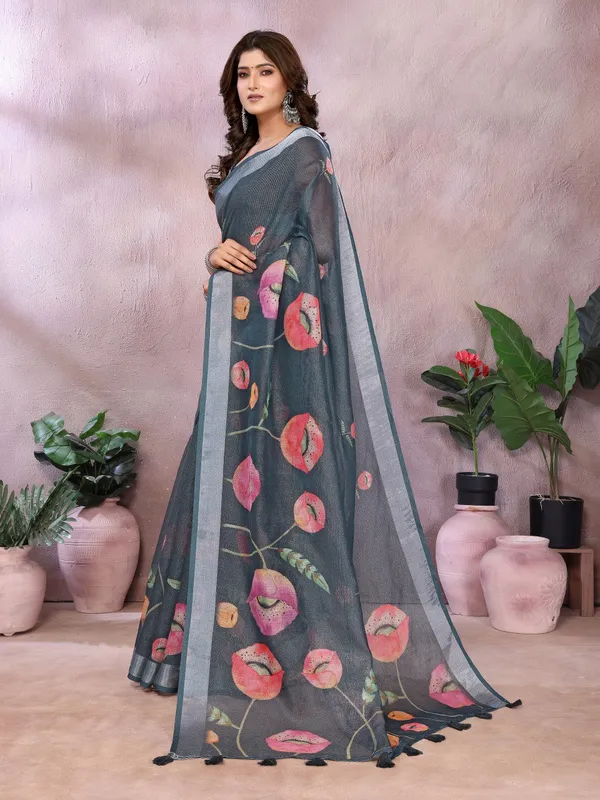 Grey_Floral_Linen_Shimmer_Saree_For_Women