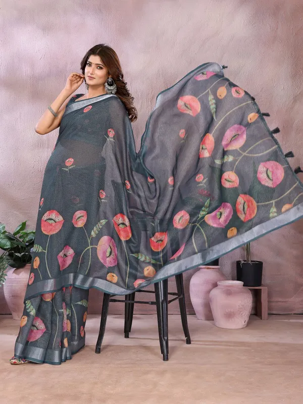 Grey_Floral_Linen_Shimmer_Saree_For_Women