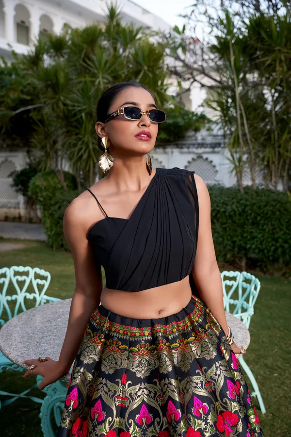 Black_Noir_Banarasi_Silk_With_Zari_Weaving_Georgette_Blouse_&_Dupatta_Lehenga_Choli_For_Women