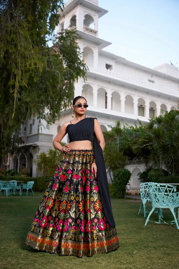 Black_Noir_Banarasi_Silk_With_Zari_Weaving_Georgette_Blouse_&_Dupatta_Lehenga_Choli_For_Women
