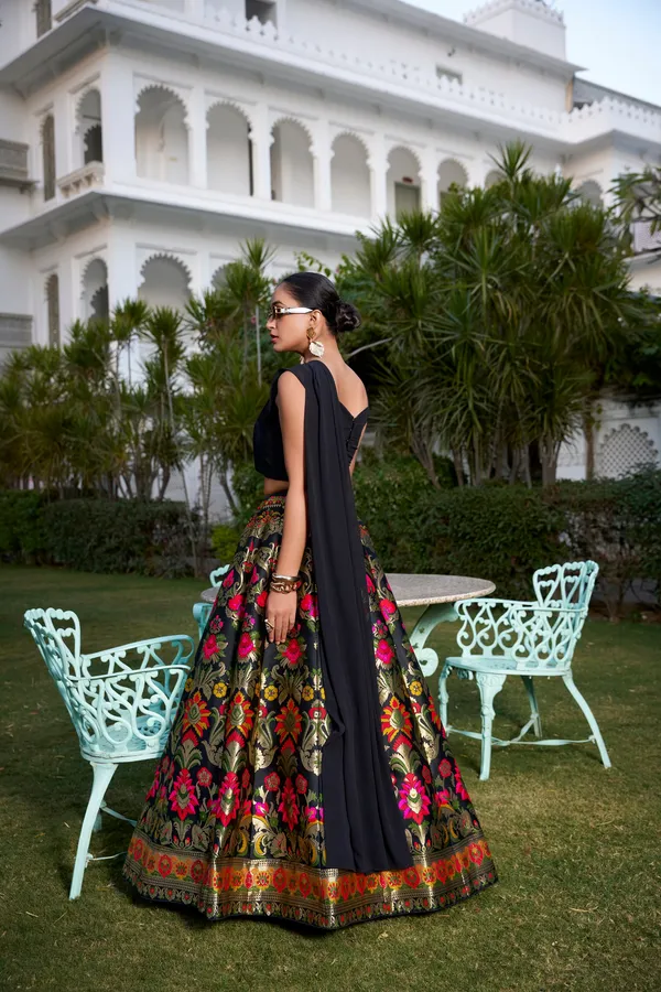 Black_Noir_Banarasi_Silk_With_Zari_Weaving_Georgette_Blouse_&_Dupatta_Lehenga_Choli_For_Women