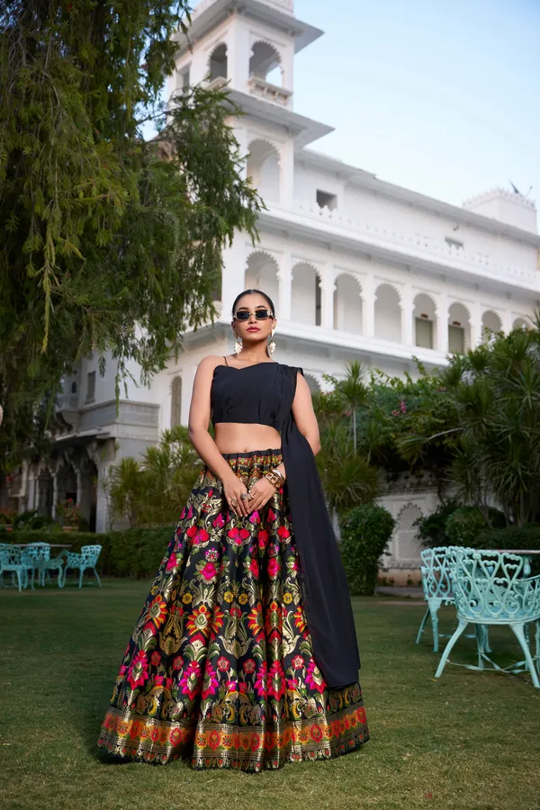 Black_Noir_Banarasi_Silk_With_Zari_Weaving_Georgette_Blouse_&_Dupatta_Lehenga_Choli_For_Women