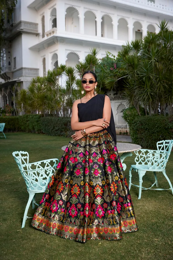 Black_Noir_Banarasi_Silk_With_Zari_Weaving_Georgette_Blouse_&_Dupatta_Lehenga_Choli_For_Women