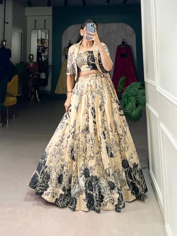 Cream_Tussar_Silk_Floral_Print_Blooming_With_Charm_Wedding_Collection_With_Koti_Lehenga_Choli_For_Women