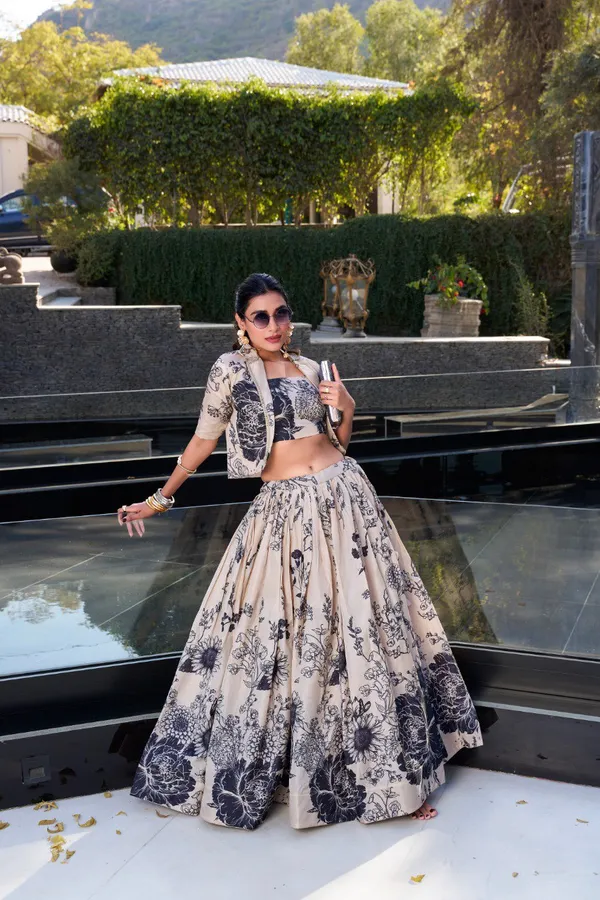 Cream_Tussar_Silk_Floral_Print_Blooming_With_Charm_Wedding_Collection_With_Koti_Lehenga_Choli_For_Women