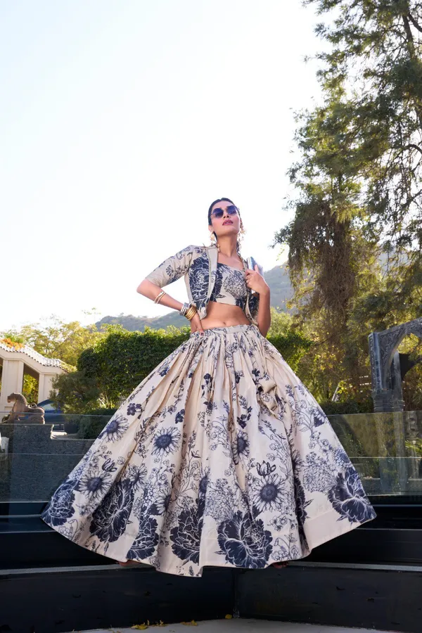 Cream_Tussar_Silk_Floral_Print_Blooming_With_Charm_Wedding_Collection_With_Koti_Lehenga_Choli_For_Women