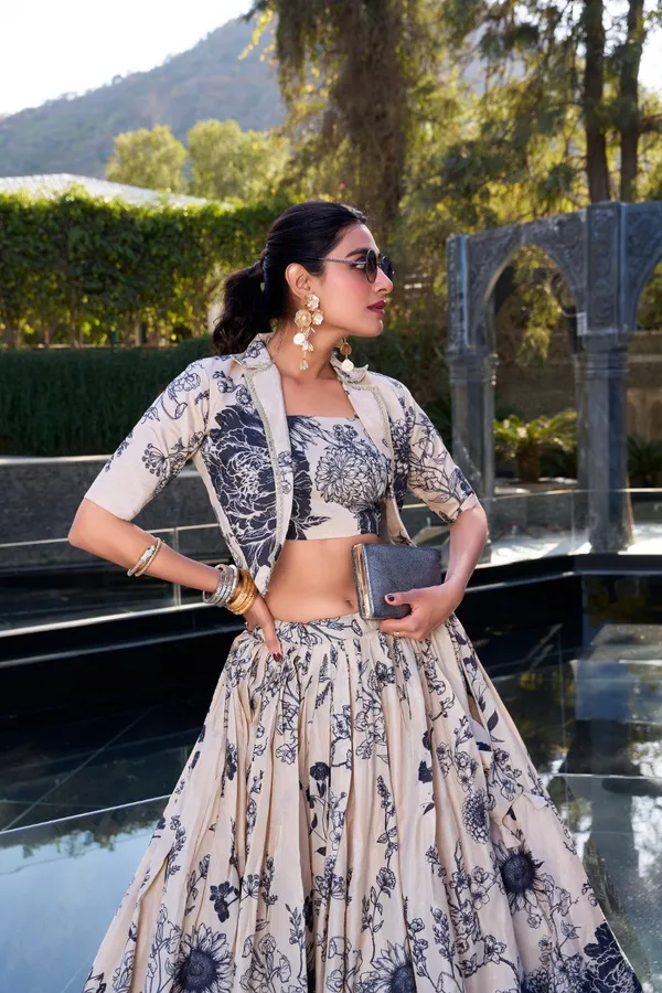 Cream_Tussar_Silk_Floral_Print_Blooming_With_Charm_Wedding_Collection_With_Koti_Lehenga_Choli_For_Women