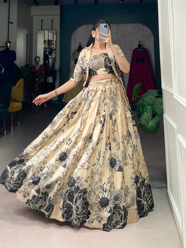 Cream_Tussar_Silk_Floral_Print_Blooming_With_Charm_Wedding_Collection_With_Koti_Lehenga_Choli_For_Women