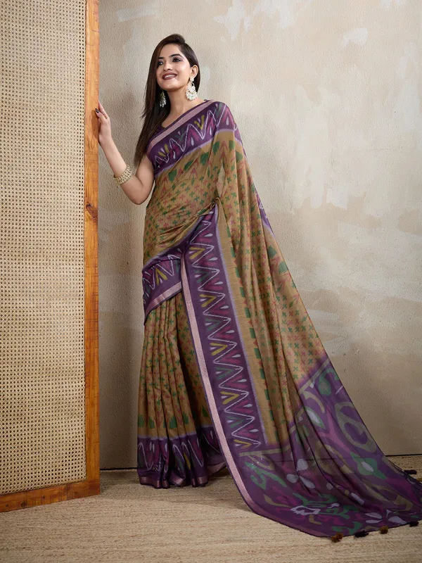 Olive_&_Purple_Ikat_Printed_Chanderi_Saree_For_Women