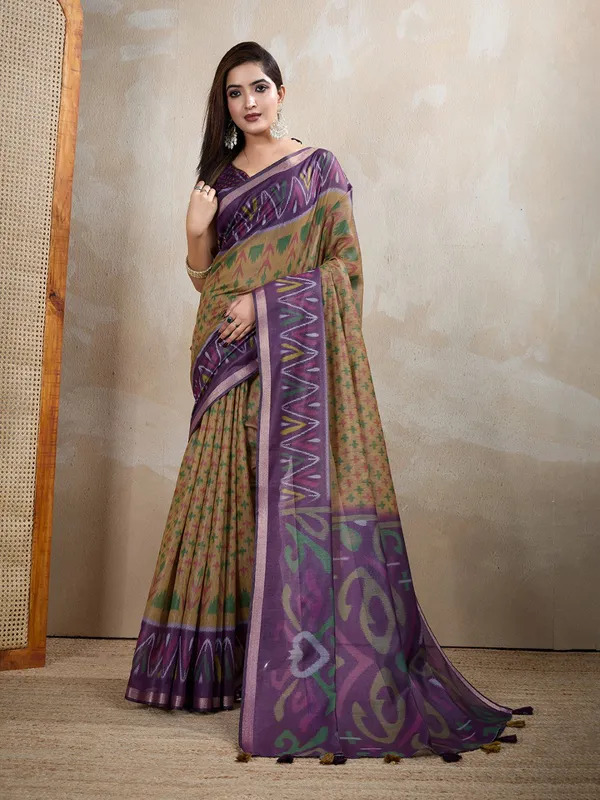 Olive_&_Purple_Ikat_Printed_Chanderi_Saree_For_Women