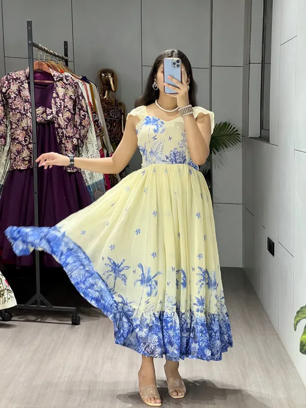 Off_White_And_Royal_Blue_Majestic_Frill_Kurti_Cum_One_Piece_Set