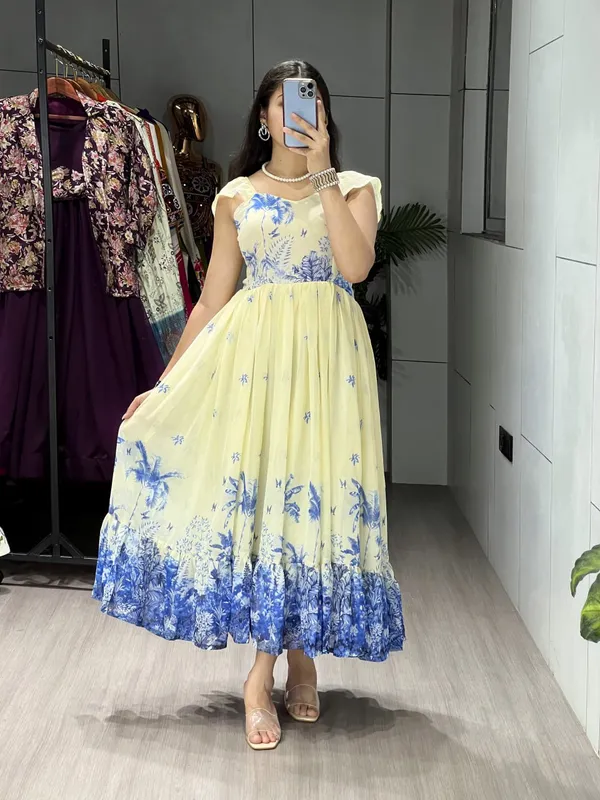 Off_White_And_Royal_Blue_Majestic_Frill_Kurti_Cum_One_Piece_Set