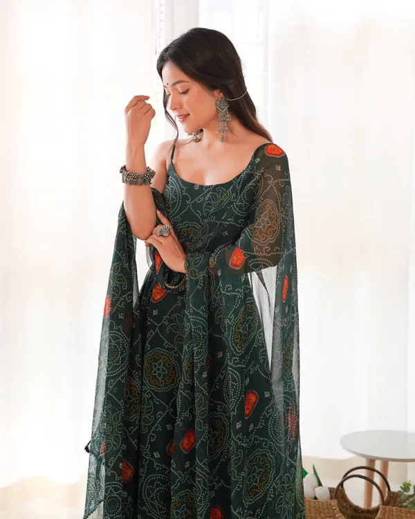 Dark_Green_Bandhej_Chiffon_Fully_Flared_Anarkali_Gown_with_Dupatta_&_Pant_|_Summer_Festive_Wear