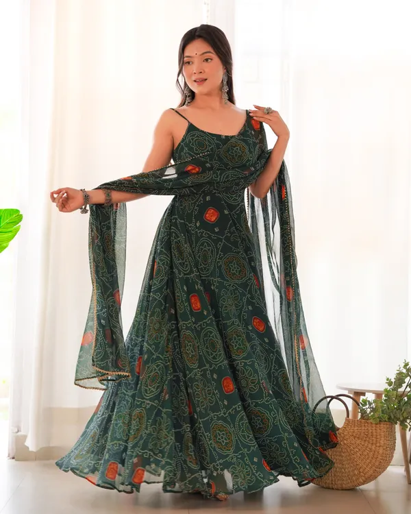 Dark_Green_Bandhej_Chiffon_Fully_Flared_Anarkali_Gown_with_Dupatta_&_Pant_|_Summer_Festive_Wear