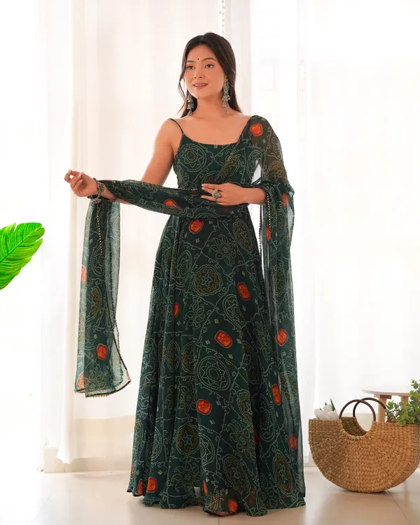 Dark_Green_Bandhej_Chiffon_Fully_Flared_Anarkali_Gown_with_Dupatta_&_Pant_|_Summer_Festive_Wear