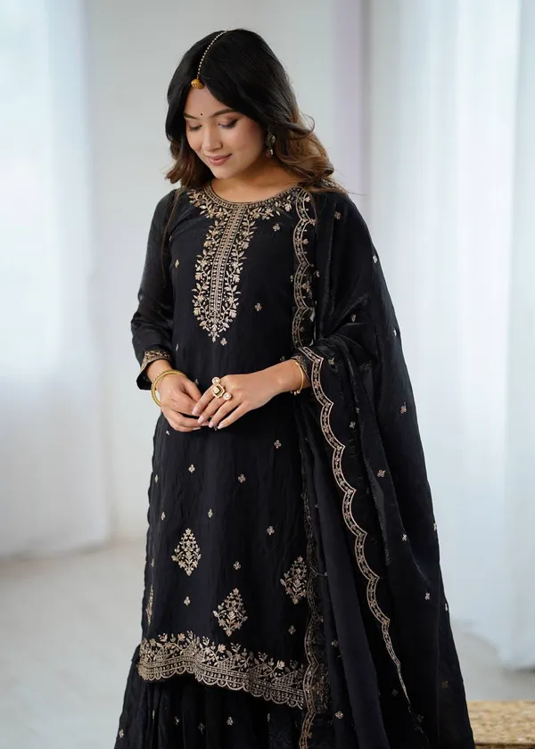 Black_Pure_Soft_Crunchy_Silk_Fabric_Top_With_Dupatta_And_Sharara__Ready_To_Wear