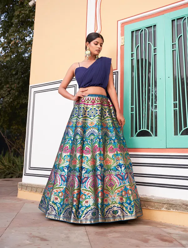 Navy_Blue_Noir_Banarasi_Silk_With_Zari_Weaving_Georgette_Blouse_&_Dupatta_Lehenga_Choli_For_Women