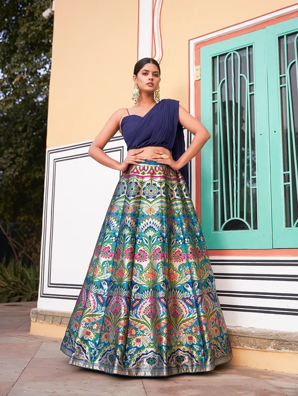 Navy_Blue_Noir_Banarasi_Silk_With_Zari_Weaving_Georgette_Blouse_&_Dupatta_Lehenga_Choli_For_Women