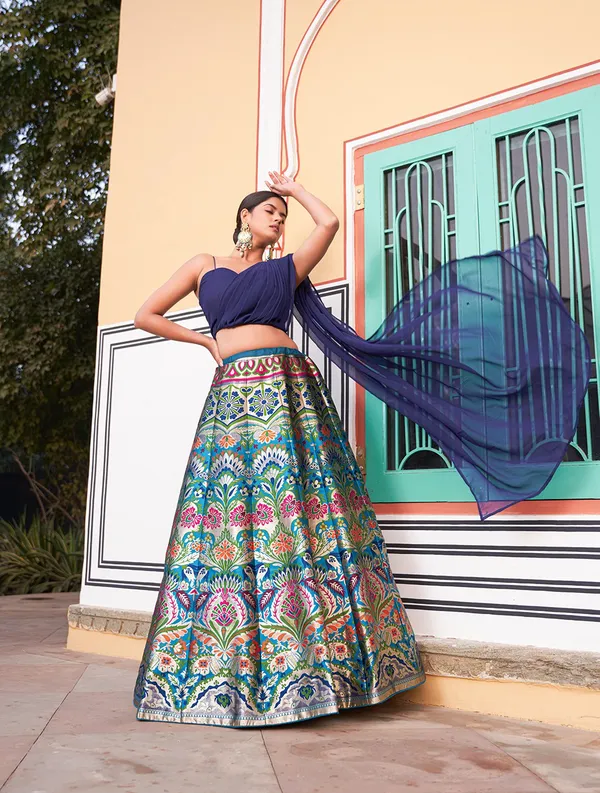 Navy_Blue_Noir_Banarasi_Silk_With_Zari_Weaving_Georgette_Blouse_&_Dupatta_Lehenga_Choli_For_Women