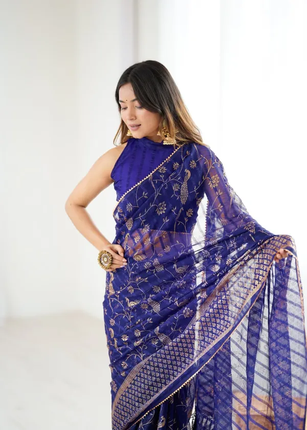 Royal_Blue_&_Gold_Solo_Georgette_With_Foil_Print_and_Fancy_Zalar_Lace_Designer_Saree