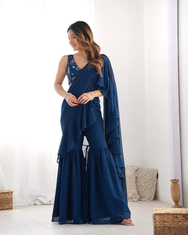 Teal_Blue_Premium_Fox_Georgette_Fabric_Sharara_Saree_With_Full_Stitched_Blouse__Ready_To_Wear