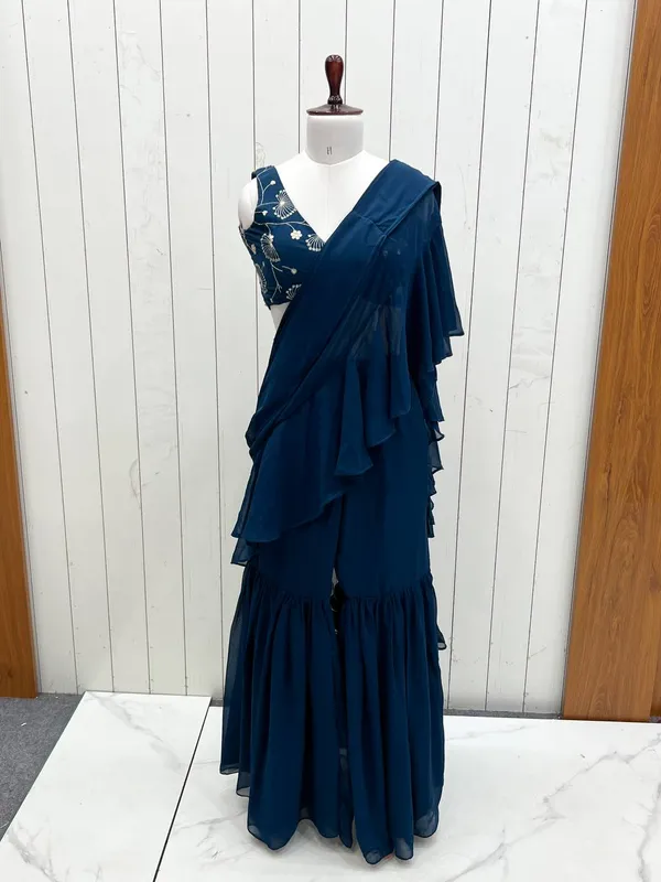 Teal_Blue_Premium_Fox_Georgette_Fabric_Sharara_Saree_With_Full_Stitched_Blouse__Ready_To_Wear