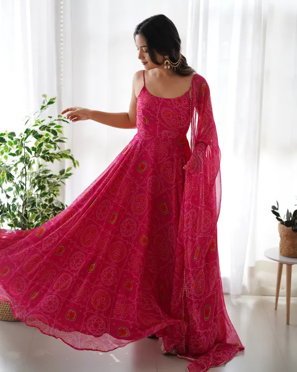 Pink_Bandhej_Chiffon_Fully_Flared_Anarkali_Gown_with_Dupatta_&_Pant_|_Summer_Festive_Wear