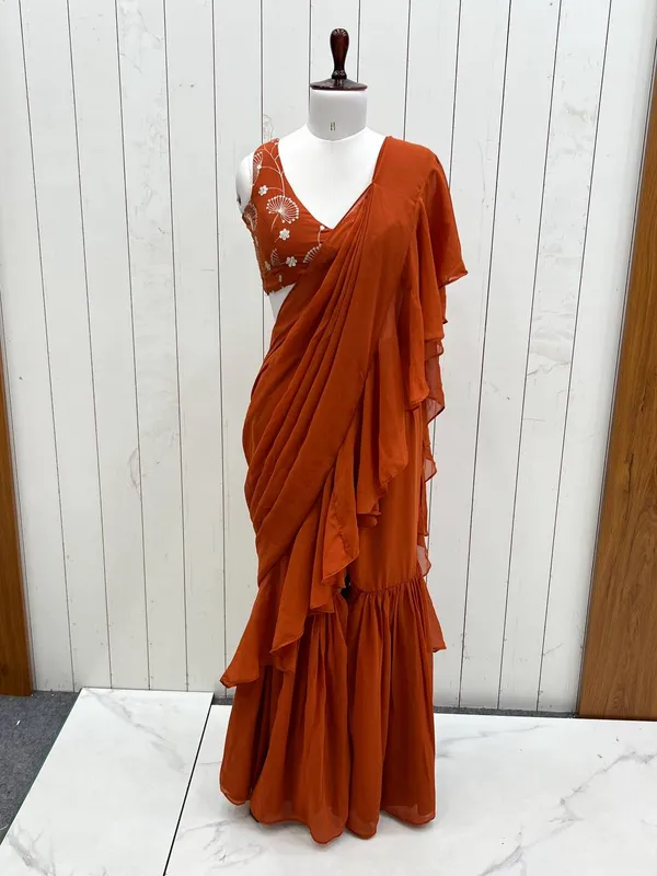 Rust_Premium_Fox_Georgette_Fabric_Sharara_Saree_With_Full_Stitched_Blouse__Ready_To_Wear