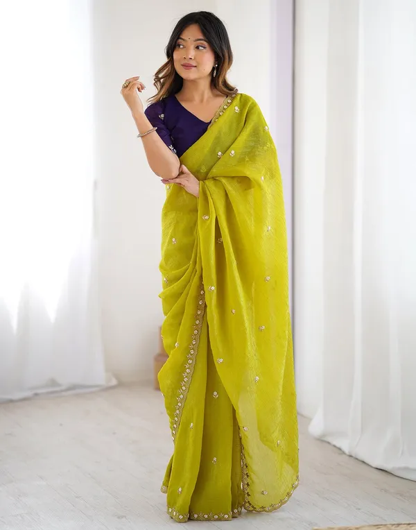 Lime_Yellow_Soft_Georgette_With_Mirror_Work_Embroidery_Designer_Saree