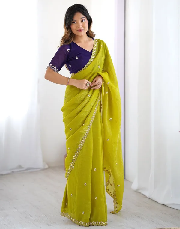 Lime_Yellow_Soft_Georgette_With_Mirror_Work_Embroidery_Designer_Saree