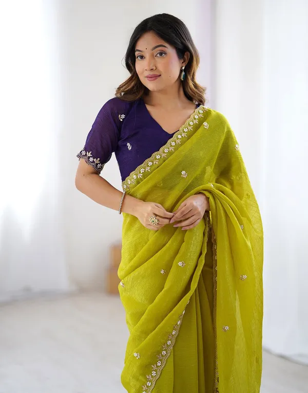 Lime_Yellow_Soft_Georgette_With_Mirror_Work_Embroidery_Designer_Saree