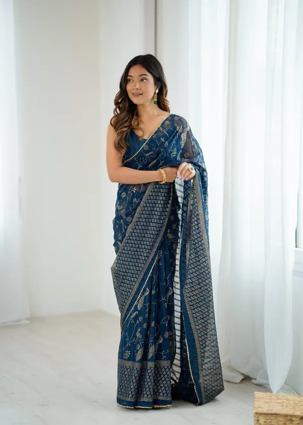 Morpich_Solo_Georgette_With_Foil_Print_and_Fancy_Zalar_Lace_Designer_Saree