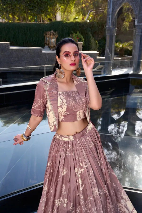 Dusty_Mauve_Tussar_Silk_Floral_Print_Blooming_With_Charm_Wedding_Collection_With_Koti_Lehenga_Choli_For_Women