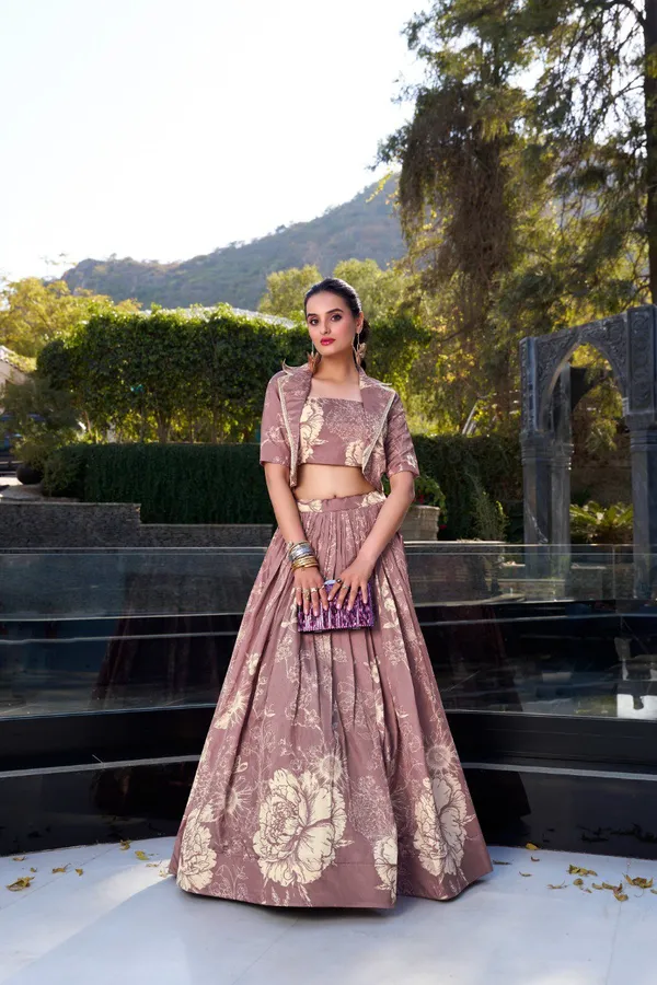 Dusty_Mauve_Tussar_Silk_Floral_Print_Blooming_With_Charm_Wedding_Collection_With_Koti_Lehenga_Choli_For_Women