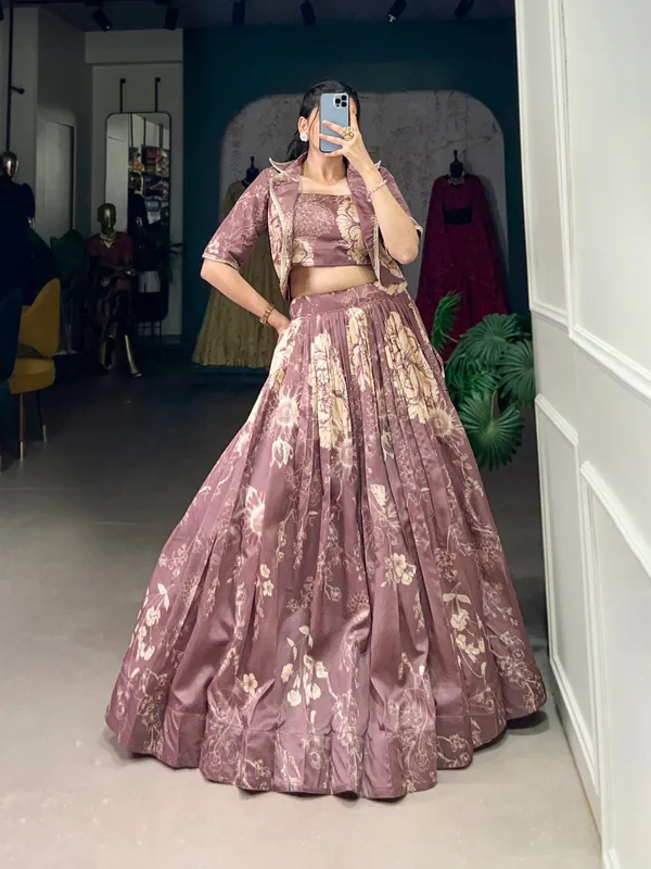 Dusty_Mauve_Tussar_Silk_Floral_Print_Blooming_With_Charm_Wedding_Collection_With_Koti_Lehenga_Choli_For_Women