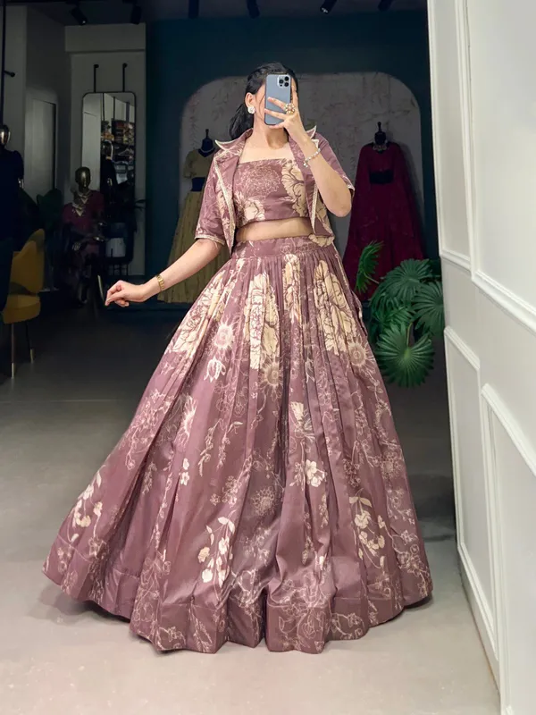Dusty_Mauve_Tussar_Silk_Floral_Print_Blooming_With_Charm_Wedding_Collection_With_Koti_Lehenga_Choli_For_Women