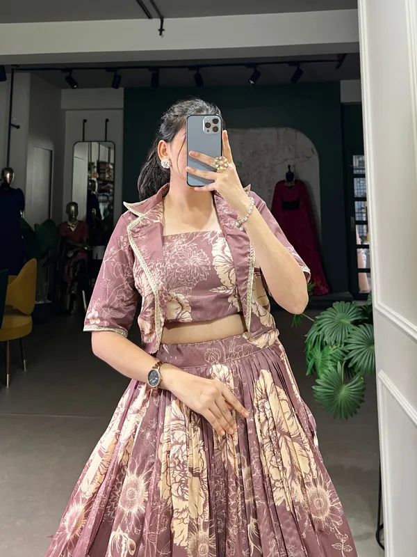 Dusty_Mauve_Tussar_Silk_Floral_Print_Blooming_With_Charm_Wedding_Collection_With_Koti_Lehenga_Choli_For_Women