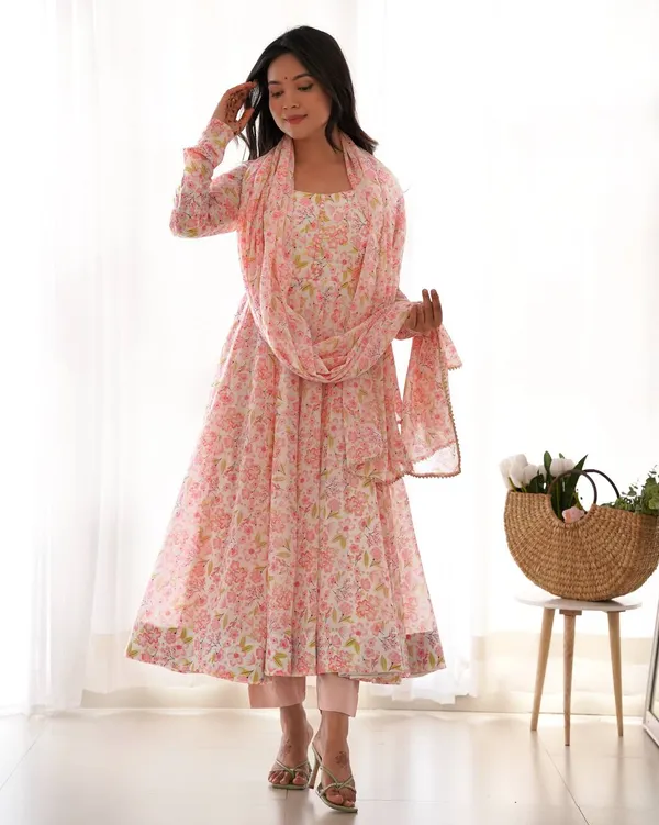 Light_Pink_Pure_Chiffon_Floral_Print_Fabric_Fully_Flair_Anarkali_With_Dupatta_And_Pant_Ready_To_Wear