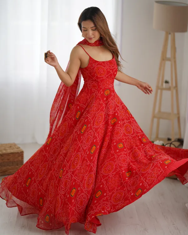 Red_Bandhej_Chiffon_Fully_Flared_Anarkali_Gown_with_Dupatta_&_Pant_|_Summer_Festive_Wear