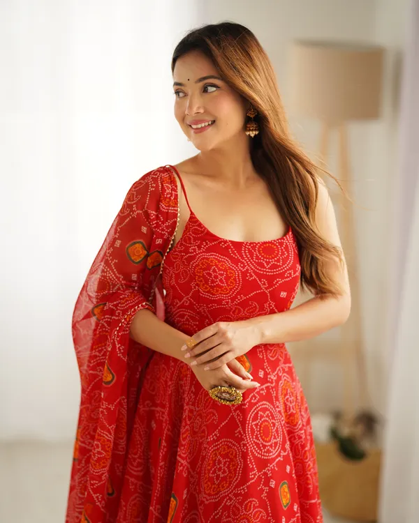 Red_Bandhej_Chiffon_Fully_Flared_Anarkali_Gown_with_Dupatta_&_Pant_|_Summer_Festive_Wear
